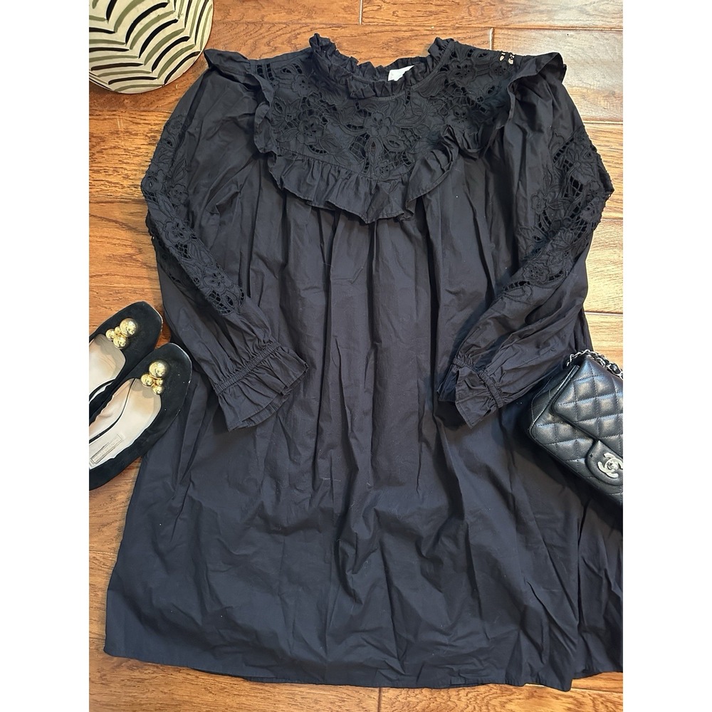 Mango MNG Womens Size 6 Black Lace Embroidered Ruffle High Neck Mini Dress